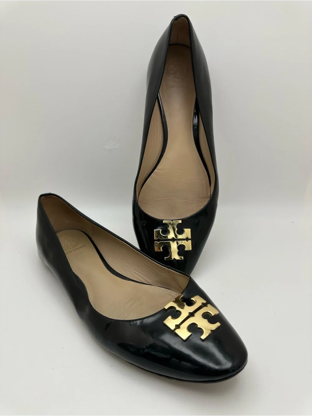 Tory Burch Black Patent Leather Logo Flats with Gold Emblem